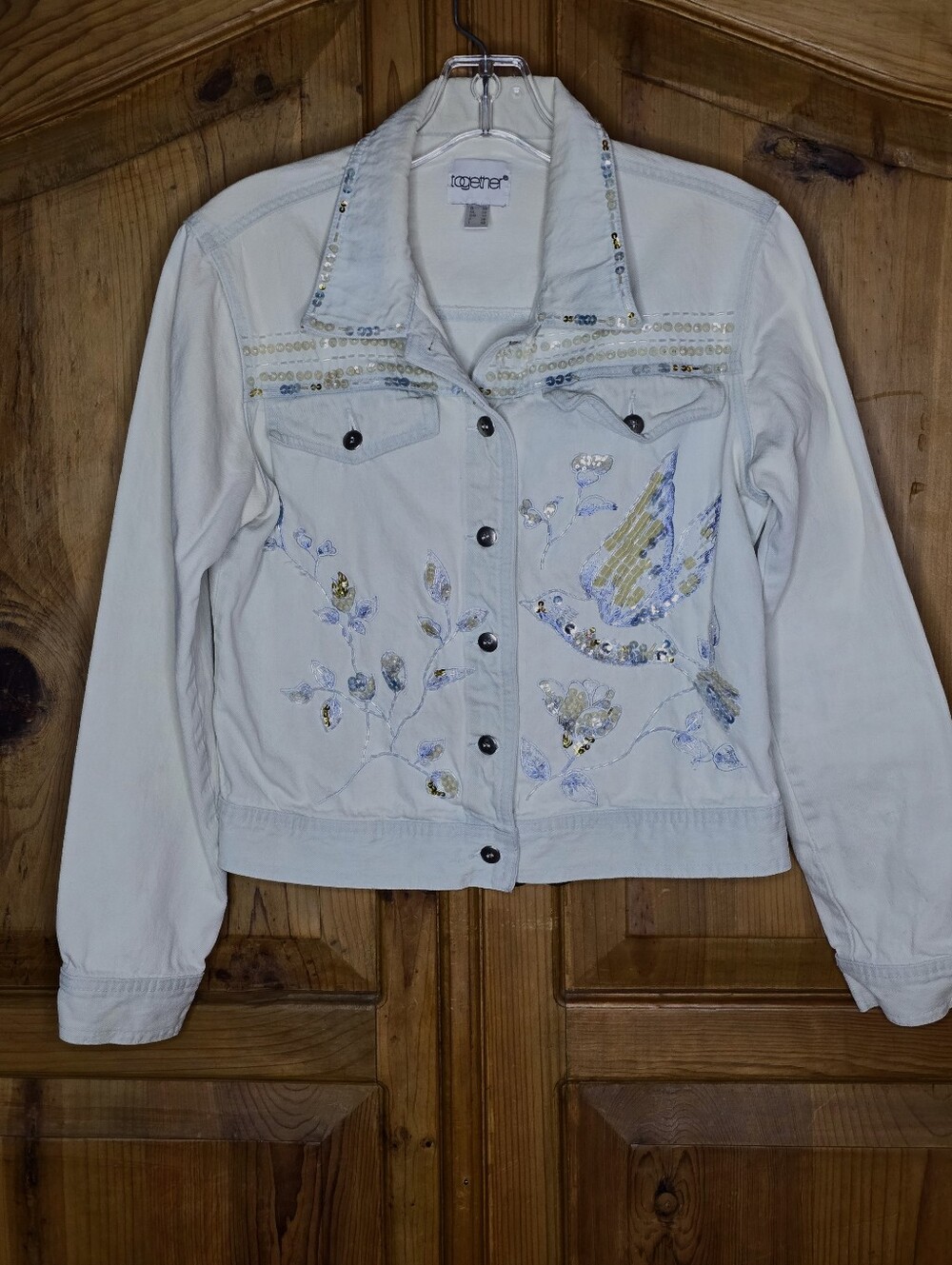 TOGETHER Pale Blue Embellished Denim Jacket with Gold & Blue Accents